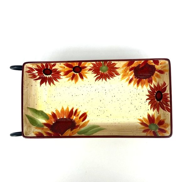 Pfaltzgraff Evening Sun Sled Server Rectangle Tray and Iron Stand Sunflowers - Picture 2 of 7